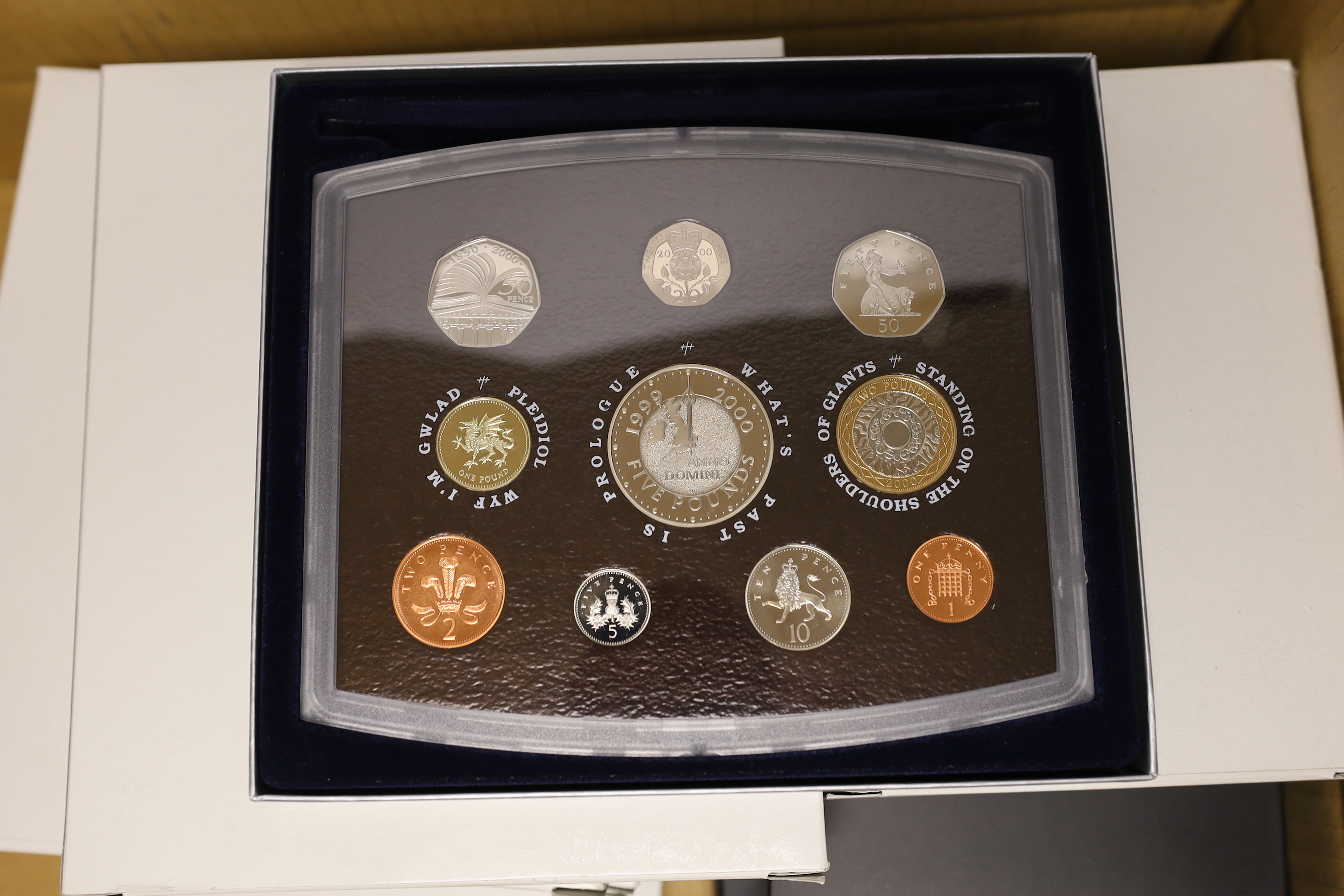 Royal Mint UK QEII proof coin year sets for 2000-2005, 2007, 2008 and 2012, 9 cases